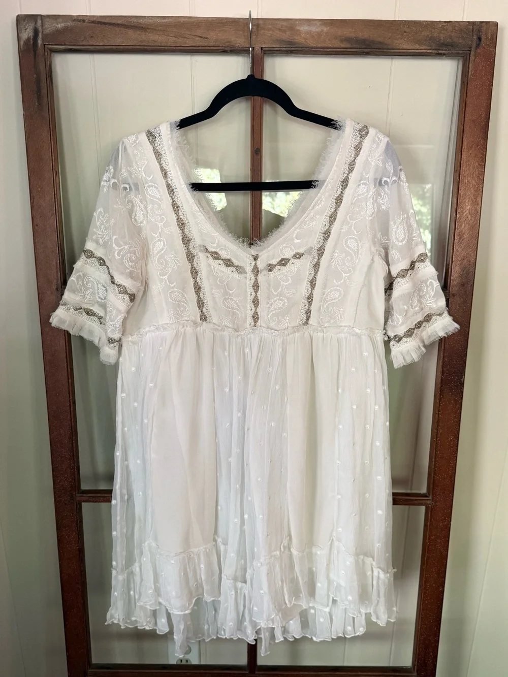 Free People Little Dot Mini Dress Vanilla Swiss Dot Ruffle Boho Cottagecore - S - Picture 5 of 11